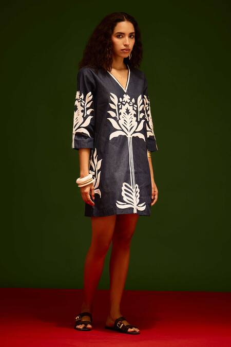 Buy_Indian Summer Story_Navy Denim Embroidery V-neck Tulip Thread Dress _Online_at_Aza_Fashions