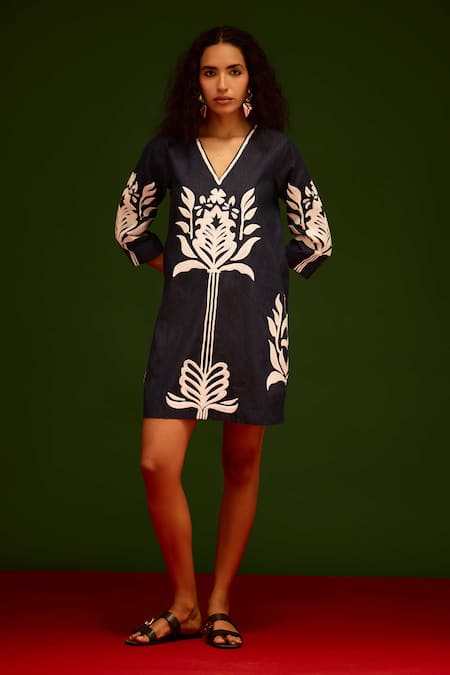 Shop_Indian Summer Story_Navy Denim Embroidery V-neck Tulip Thread Dress _Online_at_Aza_Fashions