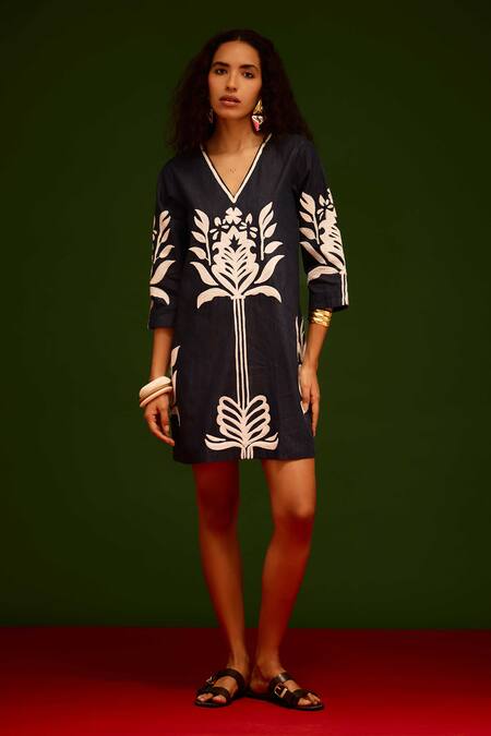 Indian Summer Story_Navy Denim Embroidery V-neck Tulip Thread Dress _at_Aza_Fashions
