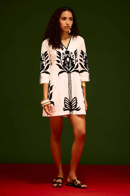 Buy_Indian Summer Story_Ivory Cotton, Poplin Embroidery V-neck Tulip Thread Dress _Online_at_Aza_Fashions