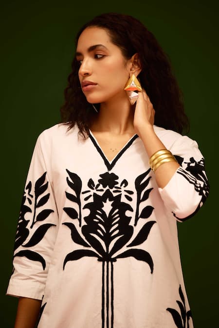 Shop_Indian Summer Story_Ivory Cotton, Poplin Embroidery V-neck Tulip Thread Dress _Online_at_Aza_Fashions
