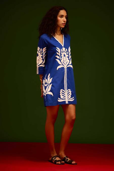 Buy_Indian Summer Story_Blue Cotton Embroidery V-neck Tulip Thread Dress _Online_at_Aza_Fashions