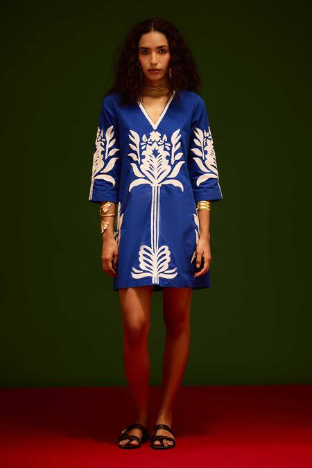 Shop_Indian Summer Story_Blue Cotton Embroidery V-neck Tulip Thread Dress _Online_at_Aza_Fashions