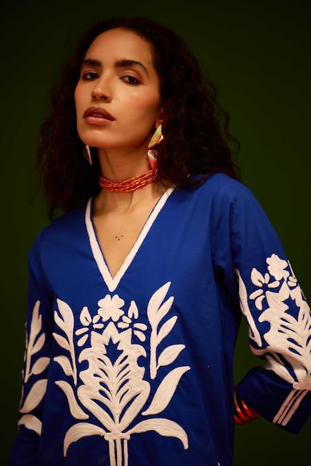 Indian Summer Story_Blue Cotton Embroidery V-neck Tulip Thread Dress _at_Aza_Fashions