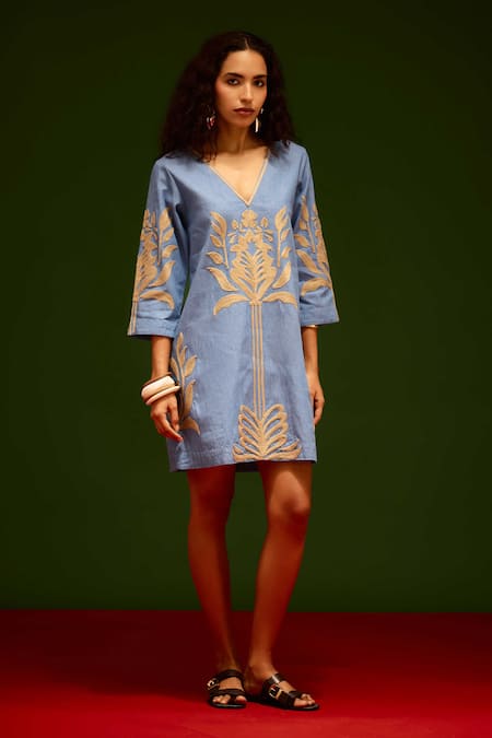 Indian Summer Story_Blue Denim Embroidery V-neck Tulip Thread Dress _Online_at_Aza_Fashions