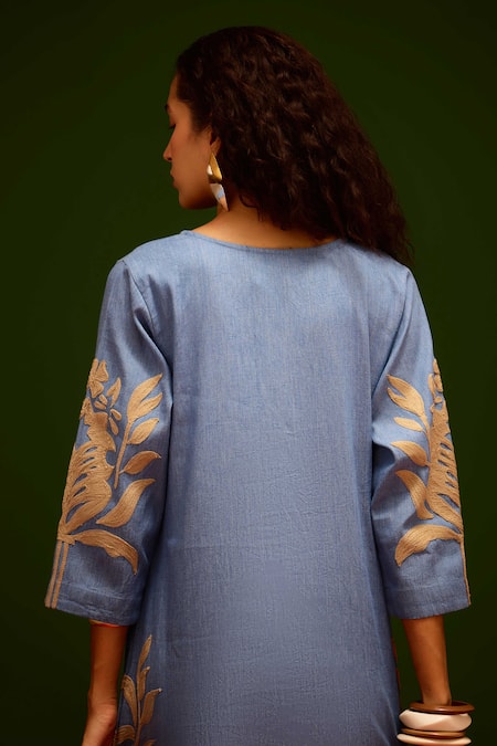 Buy_Indian Summer Story_Blue Denim Embroidery V-neck Tulip Thread Dress _Online_at_Aza_Fashions