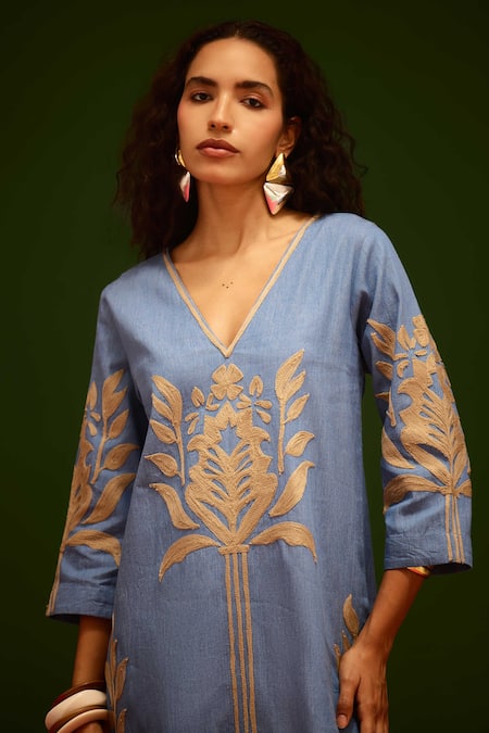 Shop_Indian Summer Story_Blue Denim Embroidery V-neck Tulip Thread Dress _Online_at_Aza_Fashions