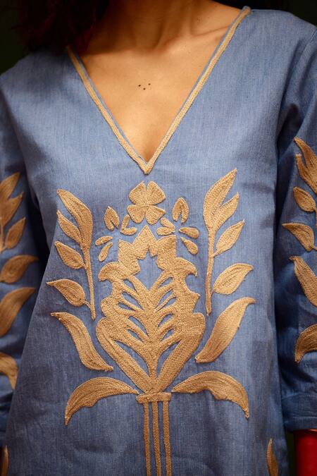 Indian Summer Story_Blue Denim Embroidery V-neck Tulip Thread Dress _at_Aza_Fashions