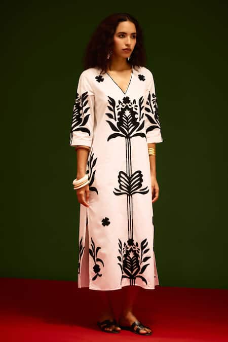 Buy_Indian Summer Story_Ivory Cotton, Poplin Embroidery V-neck Tulip Thread Dress _Online_at_Aza_Fashions