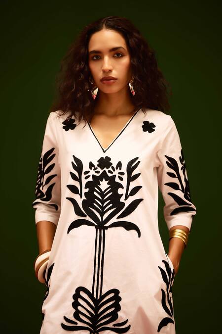 Shop_Indian Summer Story_Ivory Cotton, Poplin Embroidery V-neck Tulip Thread Dress _Online_at_Aza_Fashions