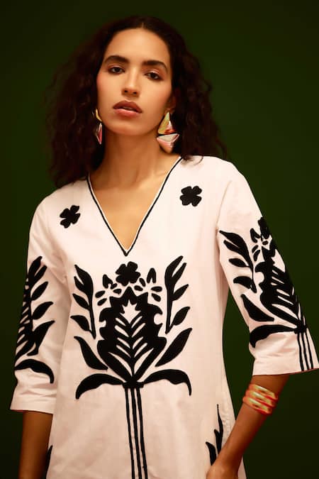 Indian Summer Story_Ivory Cotton, Poplin Embroidery V-neck Tulip Thread Dress _at_Aza_Fashions