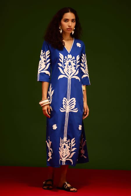 Indian Summer Story_Blue Poplin, Cotton Embroidery V-neck Tulip Thread Dress _Online_at_Aza_Fashions