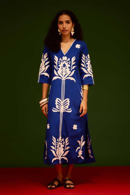 Buy_Indian Summer Story_Blue Poplin, Cotton Embroidery V-neck Tulip Thread Dress _Online_at_Aza_Fashions