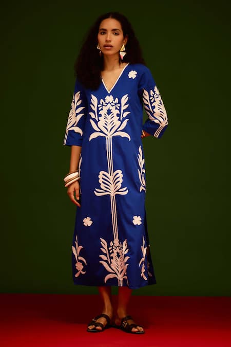 Shop_Indian Summer Story_Blue Poplin, Cotton Embroidery V-neck Tulip Thread Dress _Online_at_Aza_Fashions