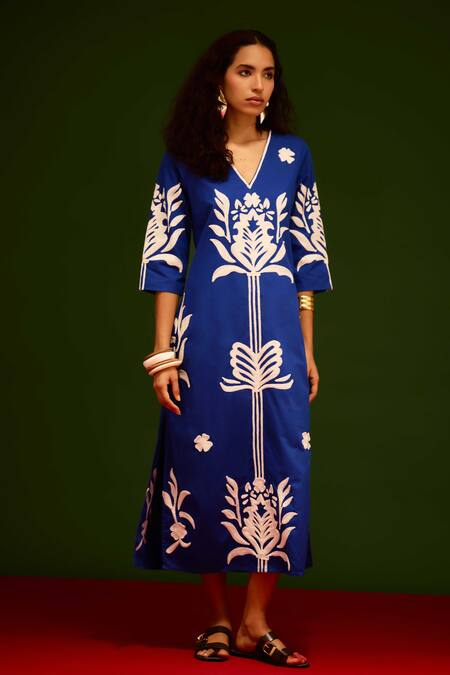 Indian Summer Story_Blue Poplin, Cotton Embroidery V-neck Tulip Thread Dress _at_Aza_Fashions