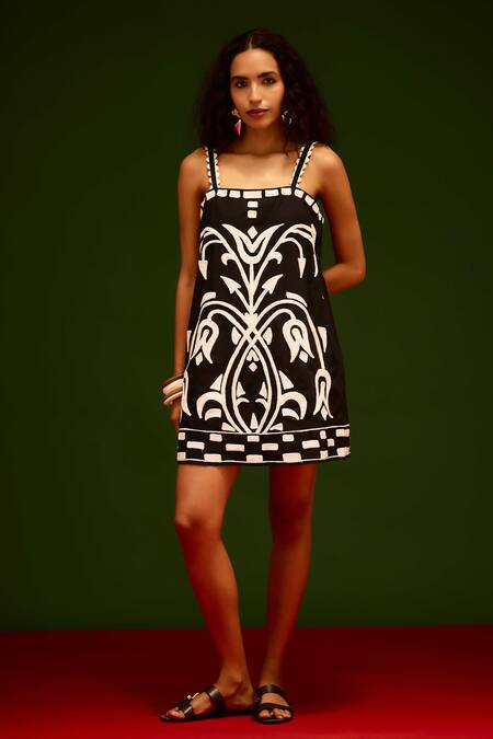 Shop_Indian Summer Story_Black Cotton, Poplin Embroidery Square Neck Tulip Thread Dress _Online_at_Aza_Fashions