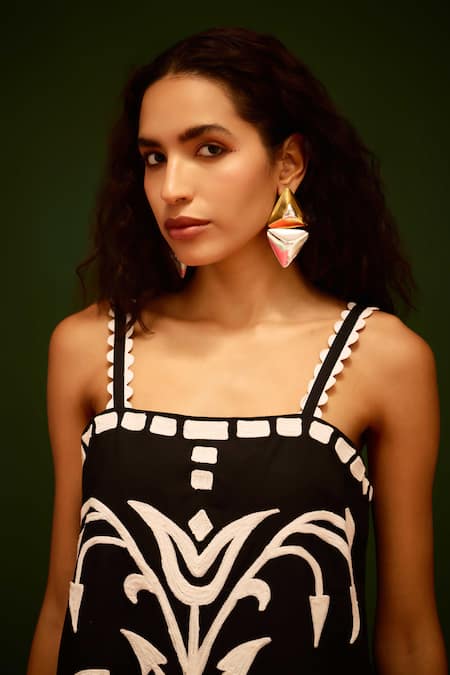 Indian Summer Story_Black Cotton, Poplin Embroidery Square Neck Tulip Thread Dress _at_Aza_Fashions