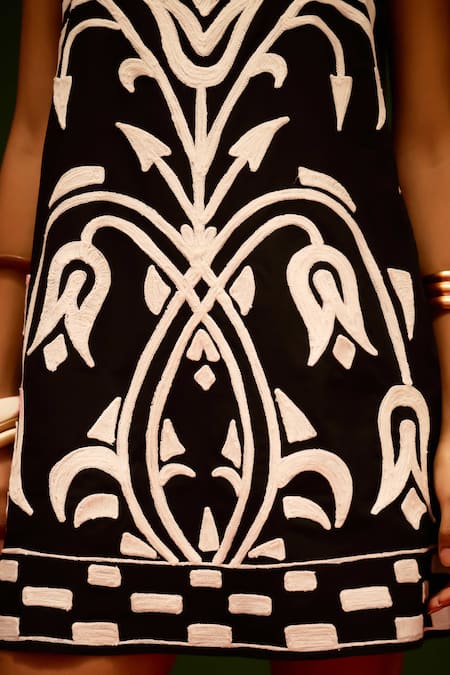 Shop_Indian Summer Story_Black Cotton, Poplin Embroidery Square Neck Tulip Thread Dress 