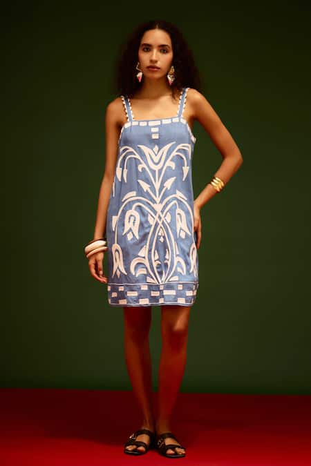 Buy_Indian Summer Story_Blue Denim Embroidery Square Neck Thread Dress _Online_at_Aza_Fashions