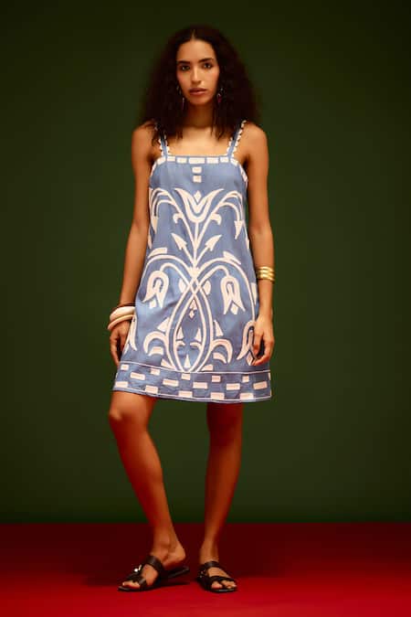 Shop_Indian Summer Story_Blue Denim Embroidery Square Neck Thread Dress _Online_at_Aza_Fashions