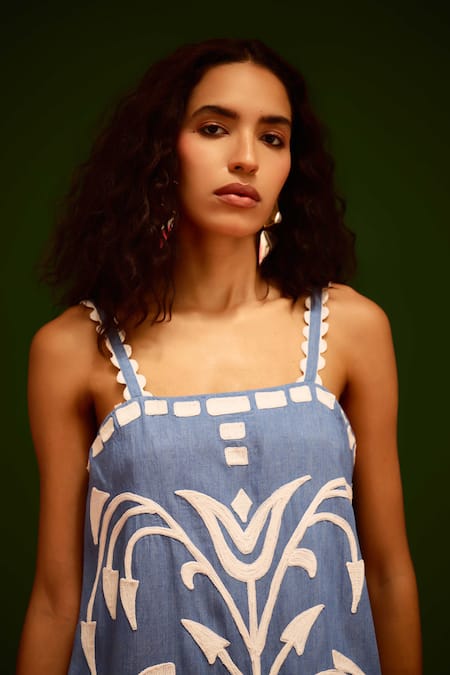 Indian Summer Story_Blue Denim Embroidery Square Neck Thread Dress _at_Aza_Fashions
