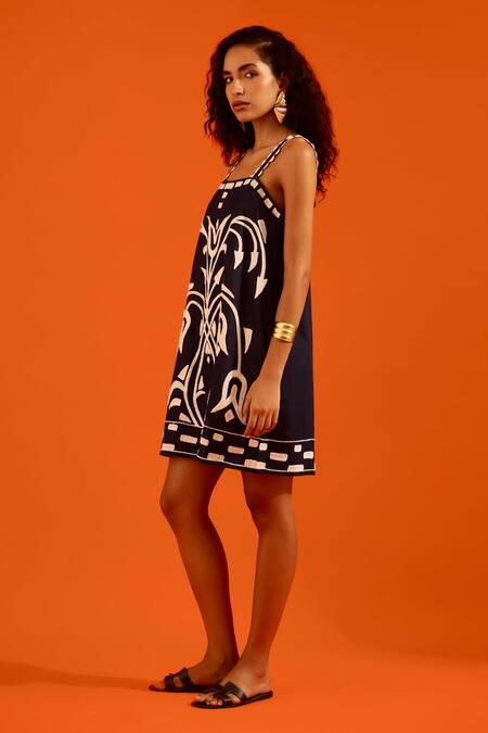 Indian Summer Story_Navy Denim Embroidery Square Neck Thread Dress _Online_at_Aza_Fashions