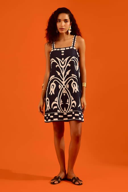 Indian Summer Story Navy Denim Embroidery Square Neck Thread Dress 