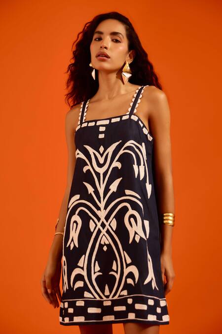 Buy_Indian Summer Story_Navy Denim Embroidery Square Neck Thread Dress _Online_at_Aza_Fashions