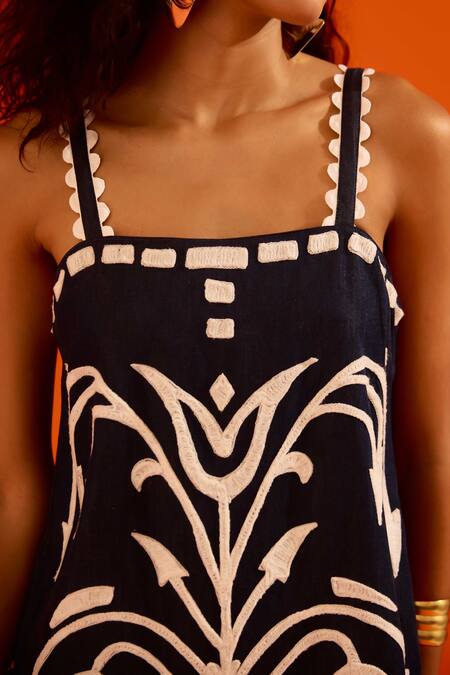 Indian Summer Story_Navy Denim Embroidery Square Neck Thread Dress _at_Aza_Fashions