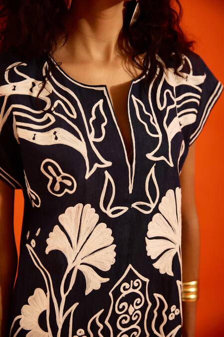 Buy_Indian Summer Story_Blue Denim Embroidery Split V-neck Thread Dress _Online_at_Aza_Fashions