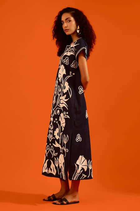 Shop_Indian Summer Story_Blue Denim Embroidery Split V-neck Thread Dress _Online_at_Aza_Fashions