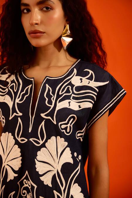 Indian Summer Story_Blue Denim Embroidery Split V-neck Thread Dress _at_Aza_Fashions