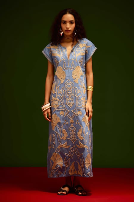 Indian Summer Story_Blue Denim Embroidery V-neck Garden Thread Dress _Online_at_Aza_Fashions
