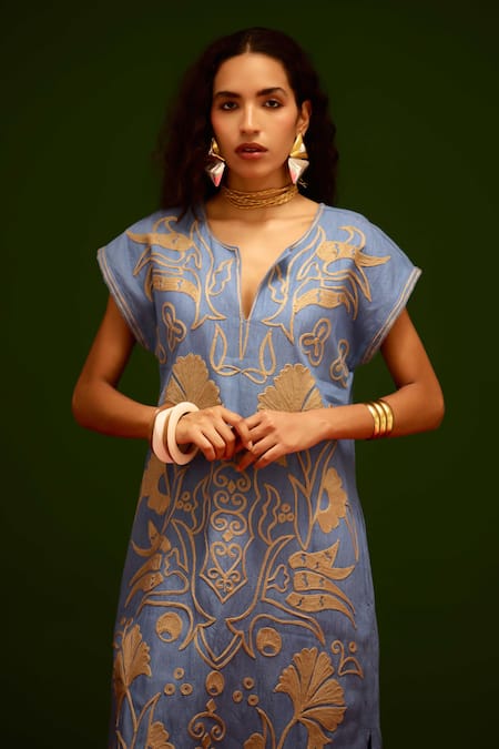 Buy_Indian Summer Story_Blue Denim Embroidery V-neck Garden Thread Dress _Online_at_Aza_Fashions