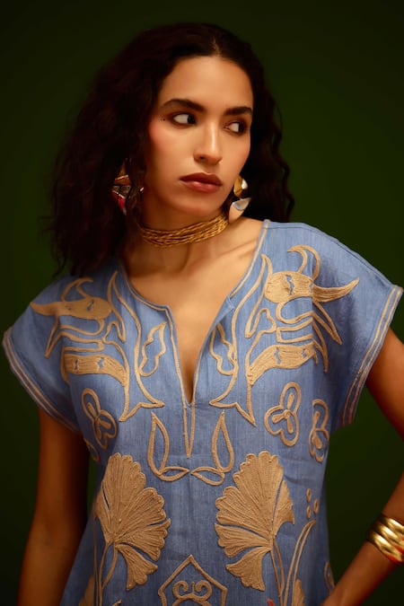 Shop_Indian Summer Story_Blue Denim Embroidery V-neck Garden Thread Dress _Online_at_Aza_Fashions