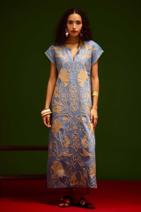 Indian Summer Story_Blue Denim Embroidery V-neck Garden Thread Dress _at_Aza_Fashions