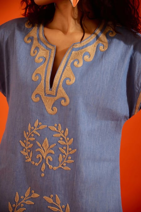 Indian Summer Story_Blue Denim Embroidery Split V-neck Natural Wave Thread Dress _Online_at_Aza_Fashions
