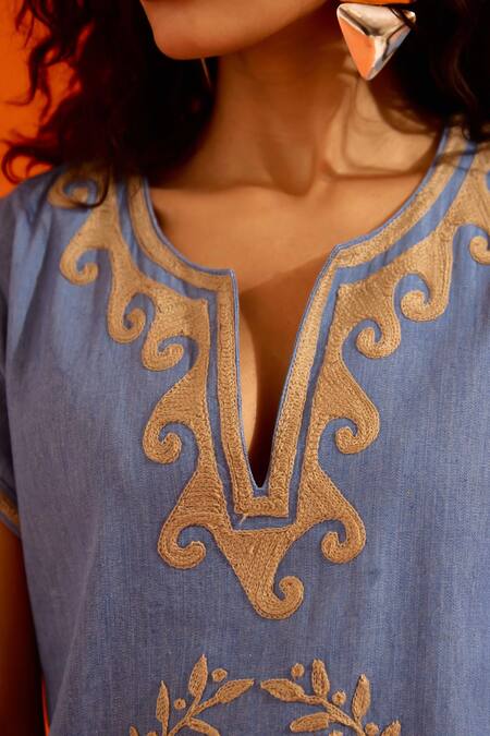 Shop_Indian Summer Story_Blue Denim Embroidery Split V-neck Natural Wave Thread Dress _Online_at_Aza_Fashions