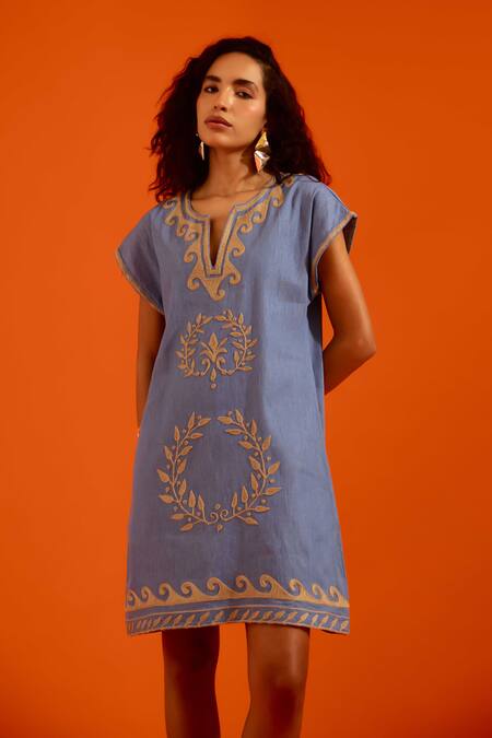Indian Summer Story_Blue Denim Embroidery Split V-neck Natural Wave Thread Dress _at_Aza_Fashions