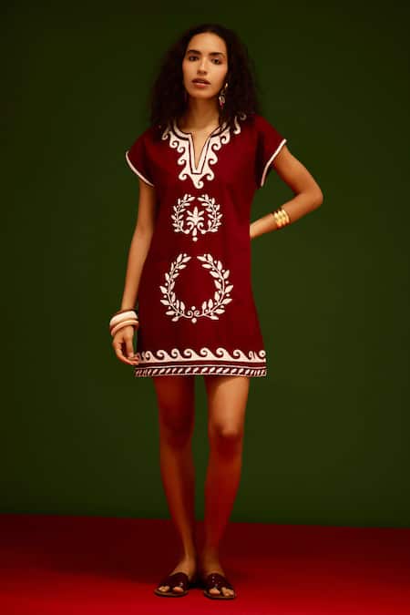 Indian Summer Story Maroon Cotton Embroidery Split V-neck Wave Thread Dress 