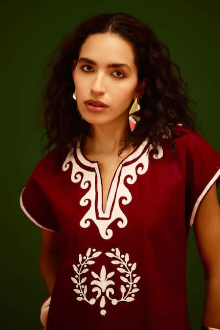Shop_Indian Summer Story_Maroon Cotton Embroidery Split V-neck Wave Thread Dress _Online_at_Aza_Fashions