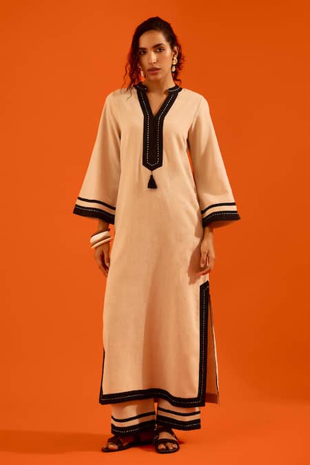 Indian Summer Story Beige Embroidery Split V-neck Thread Kurta And Pant Set 