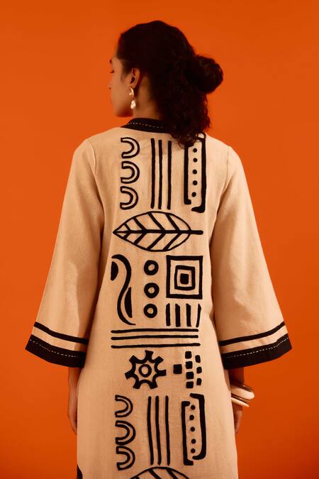 Indian Summer Story_Beige Embroidery Split V-neck Thread Kurta And Pant Set _at_Aza_Fashions