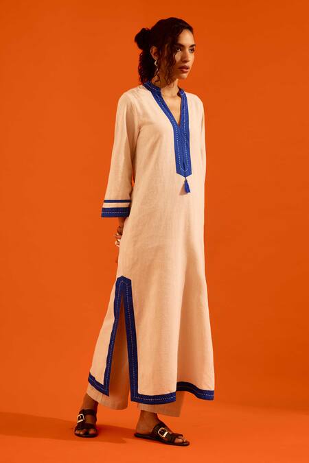 Buy_Indian Summer Story_Beige Embroidery, Tassels Split V-neck Thread Kurta And Pant Set _Online_at_Aza_Fashions