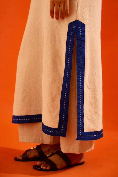 Indian Summer Story_Beige Embroidery, Tassels Split V-neck Thread Kurta And Pant Set _at_Aza_Fashions