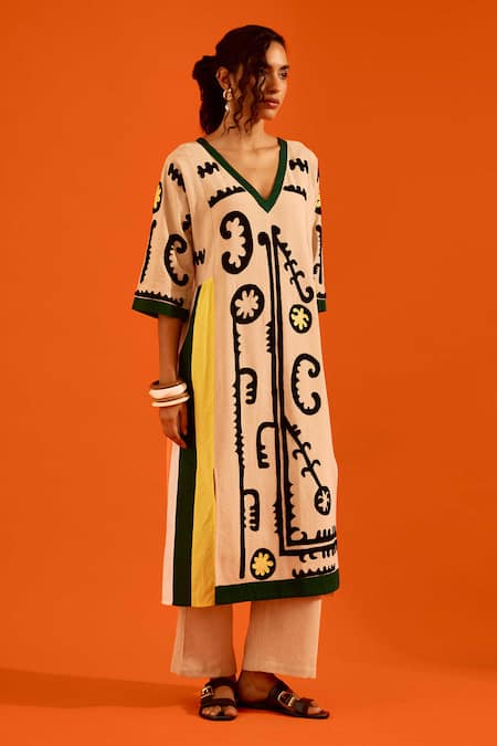 Buy_Indian Summer Story_Beige Embroidery V-neck Thread Kurta And Pant Set _Online_at_Aza_Fashions