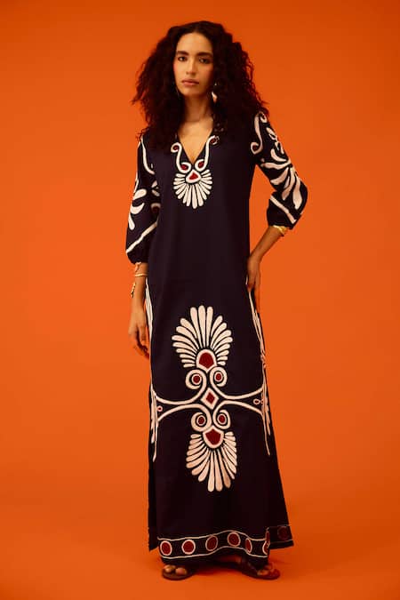 Indian Summer Story Black Cotton, Poplin Embroidery V-neck Botanical Thread Dress 