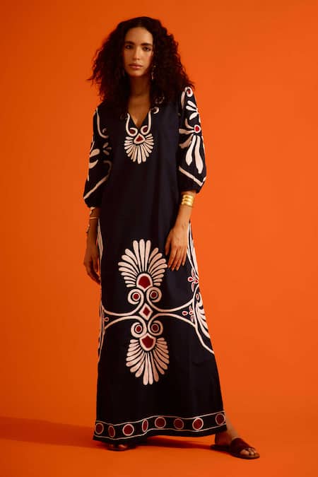 Shop_Indian Summer Story_Black Cotton, Poplin Embroidery V-neck Botanical Thread Dress _Online_at_Aza_Fashions
