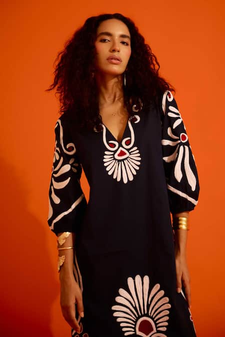 Indian Summer Story_Black Cotton, Poplin Embroidery V-neck Botanical Thread Dress _at_Aza_Fashions