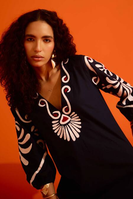 Shop_Indian Summer Story_Black Cotton, Poplin Embroidery V-neck Botanical Thread Dress 